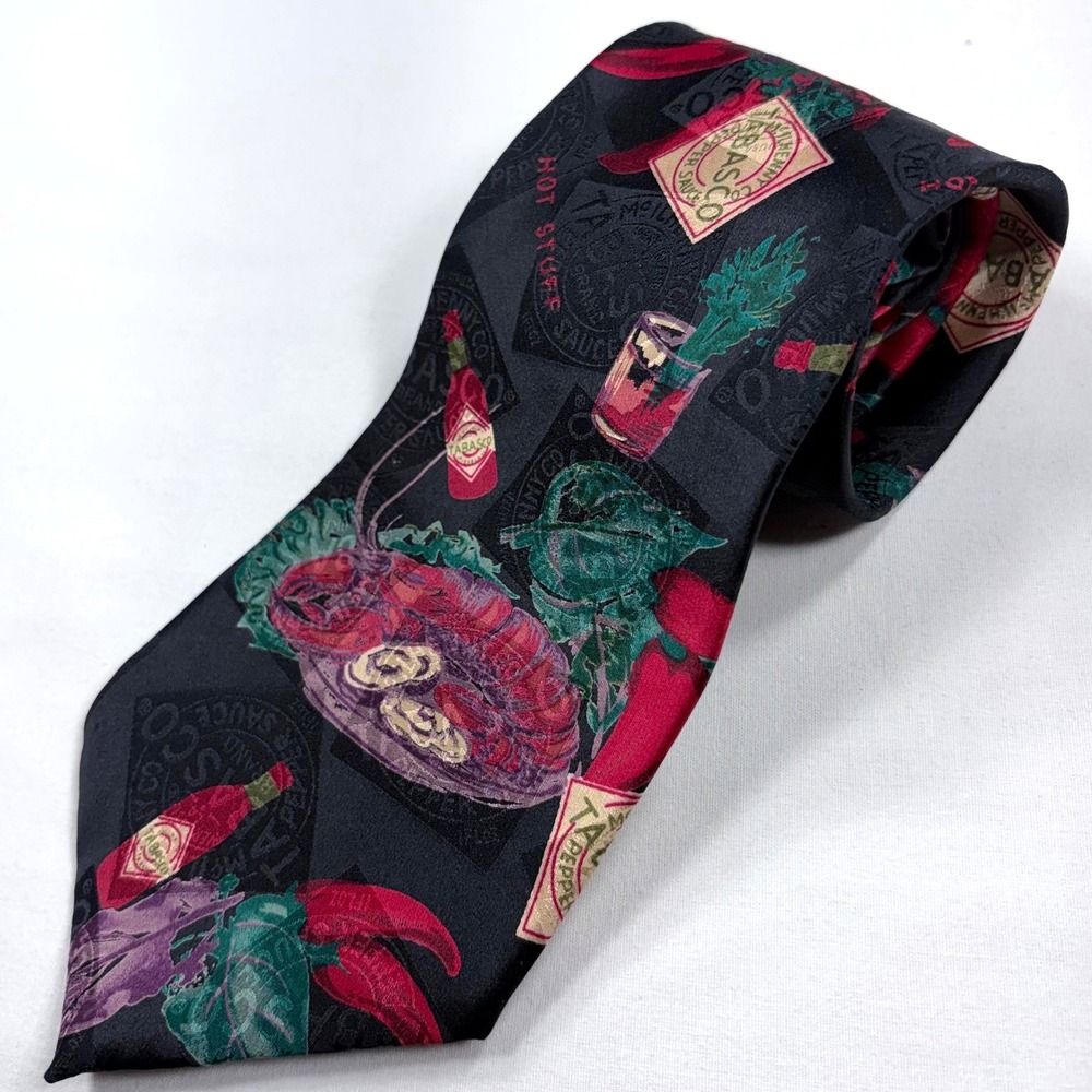 Tabasco Mens Silk Necktie Black Lobster Hot Sauce Hot Stuff Tie USA